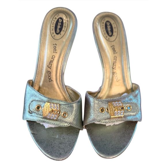 Dr. Scholls Platform High Heels Sz. 9 Green Metallic Adjustable Rhinestone Strap - Picture 1 of 9
